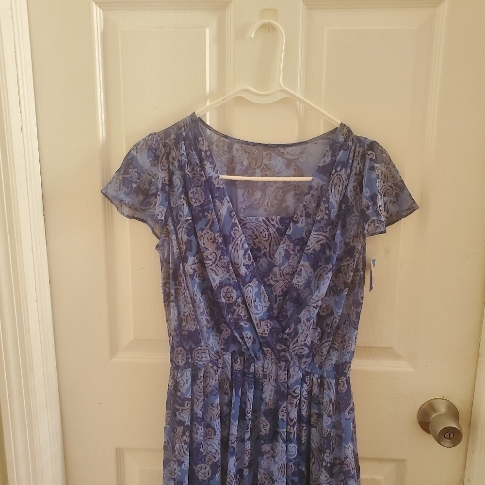 Short sleeve blue print pleated dress - Picture 3 of 5